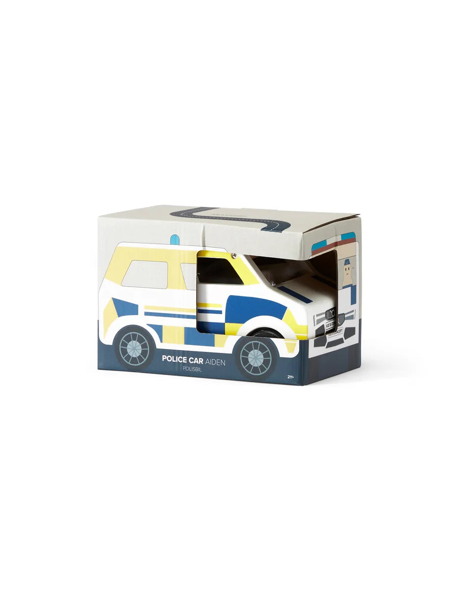 Polizeiauto aus Holz mit Figuren