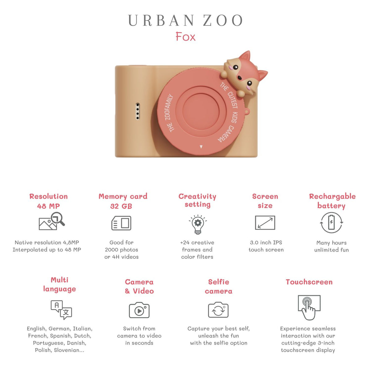 The Zoofamily Urban Zoo Kinderkamera Fuchs, Rückseite mit Kamera, Bärechind