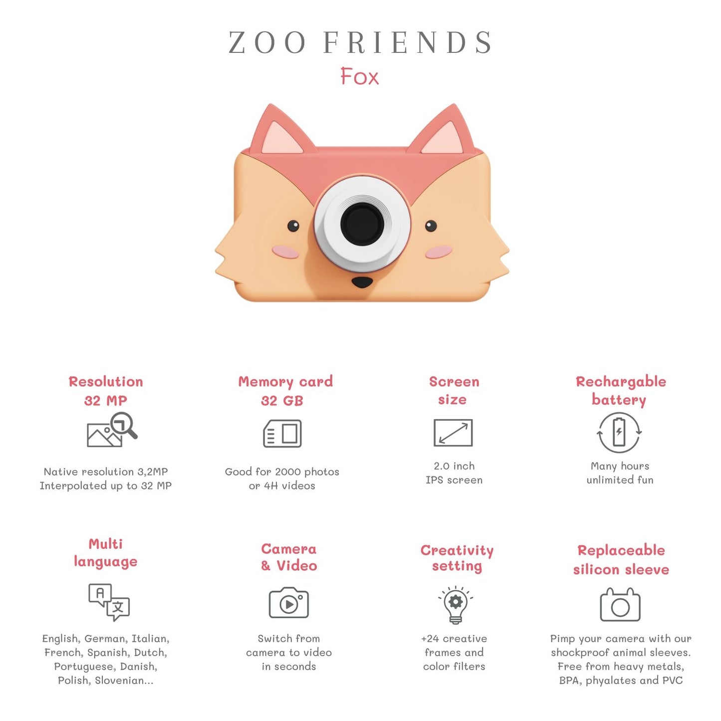 The Zoofamily Kinderkamera Zoo friends Fuchs bei Bärechind, Kinderkamera mit frechem Fuchs-Design.
