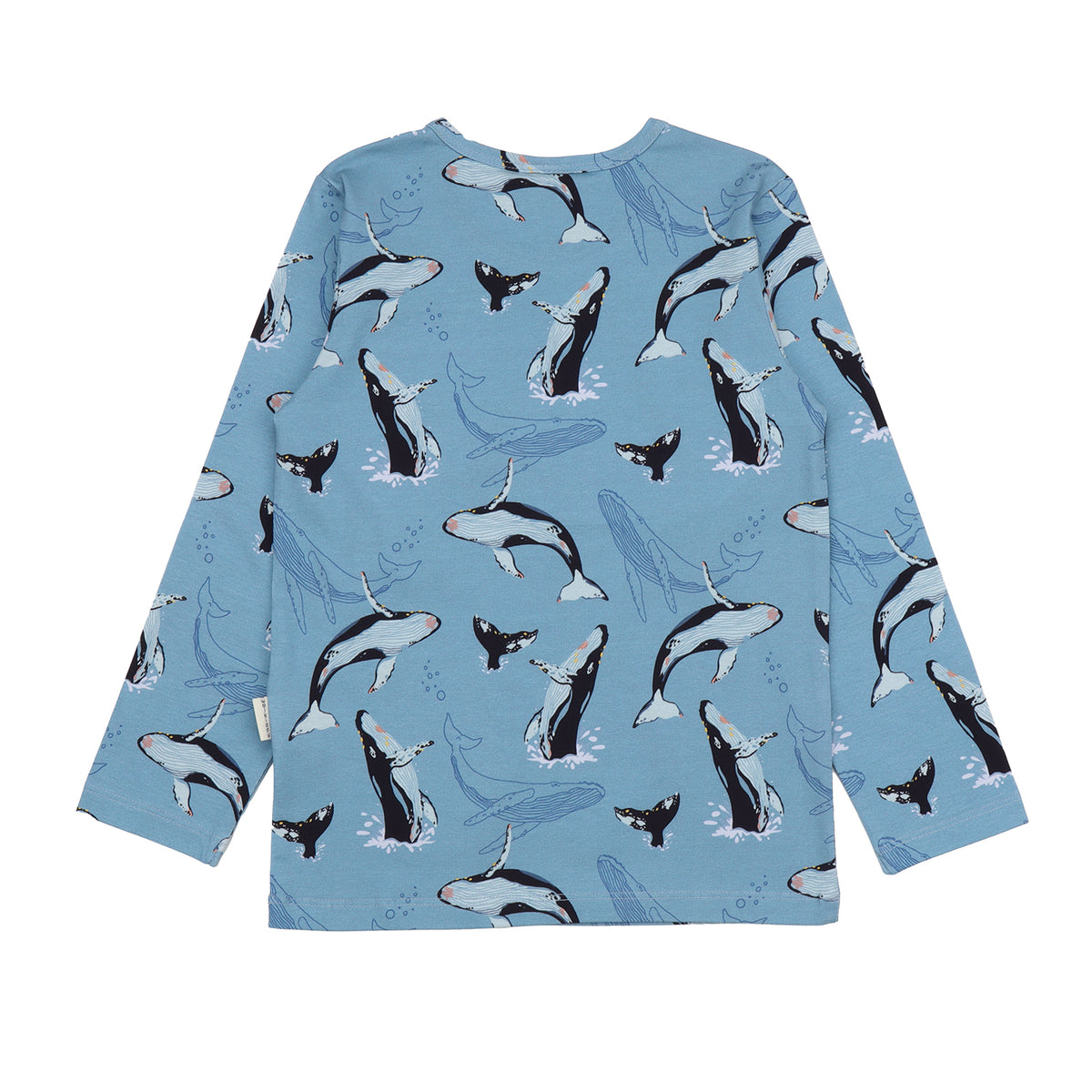 Rückansicht vom Walkiddy Shirt mit Wal-Print aus Bio-Baumwolle – zu kaufen bei Bärechind in Winterthur, Zürich, Schweiz.