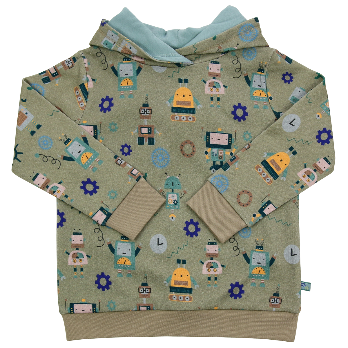 Kinder Kapuzenpulli aus Baumwollfleece mit Robotermuster von Enfant Terrible, erhältlich bei Bärechind in Winterthur, Zürich Schweiz.