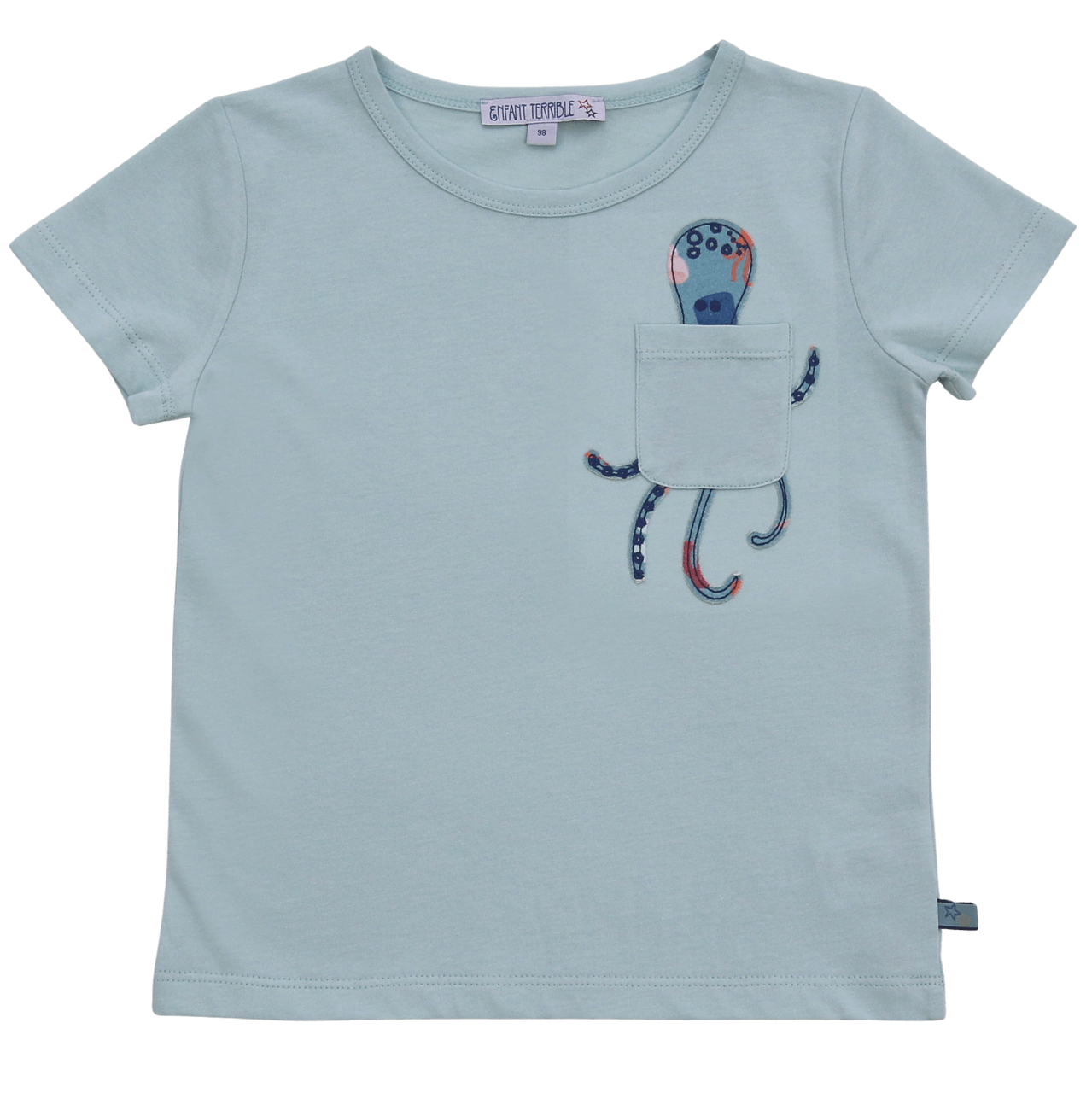 Enfant Terrible Kinder T-Shirt in Blau mit niedlichem Oktopus-Design auf der Brusttasche.