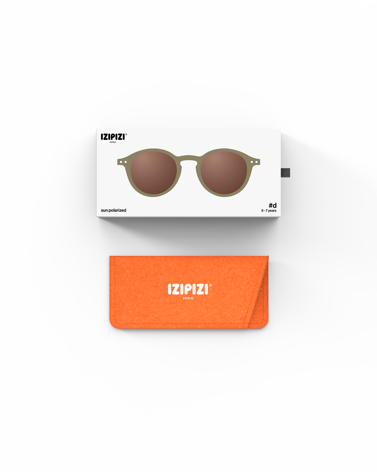 IZIPIZI Kinder Sonnenbrille Olive mit Verpackung und Etui – erhältlich bei Bärechind Winterthur