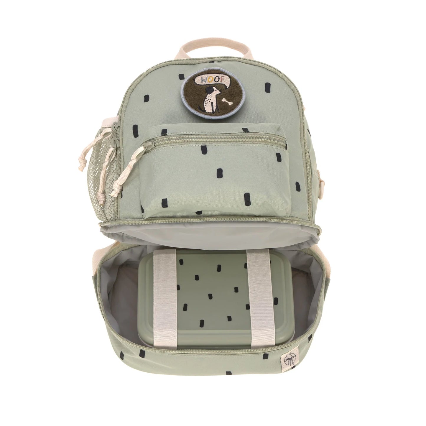 Geöffneter Lässig Kindergartenrucksack Mini Happy Prints Oliv mit übersichtlichem Hauptfach für Kindergarten und Alltag, im Bärechind Winterthur.