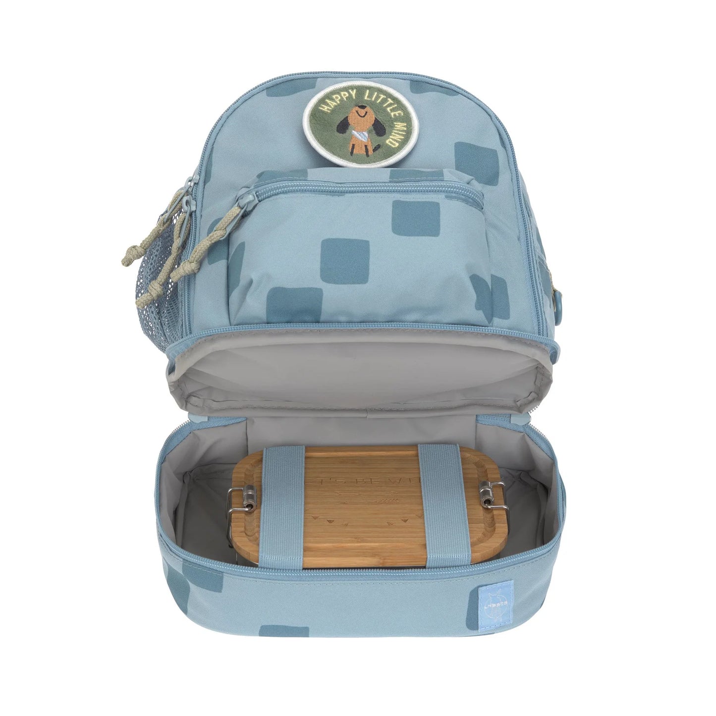 Geöffneter Lässig Kindergartenrucksack Mini Pattern Party Blau mit übersichtlichem Hauptfach für Znünibox und Trinkflasche, im Bärechind Winterthur.