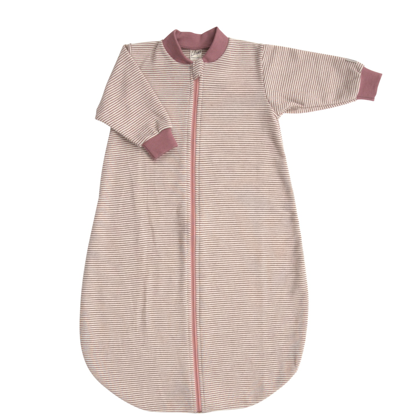 Lilano Babyschlafsack mit Ärmeln aus Wolle-Seide in Ringel Mauve – weich, atmungsaktiv & temperaturregulierend.