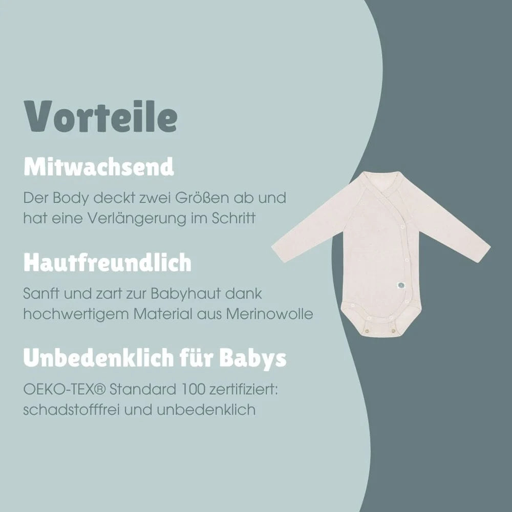 Übersicht zu den Eigenschaften des beigen Emma & Noah Merino Wickelbodys für Babys, erhältlich im Bärechind