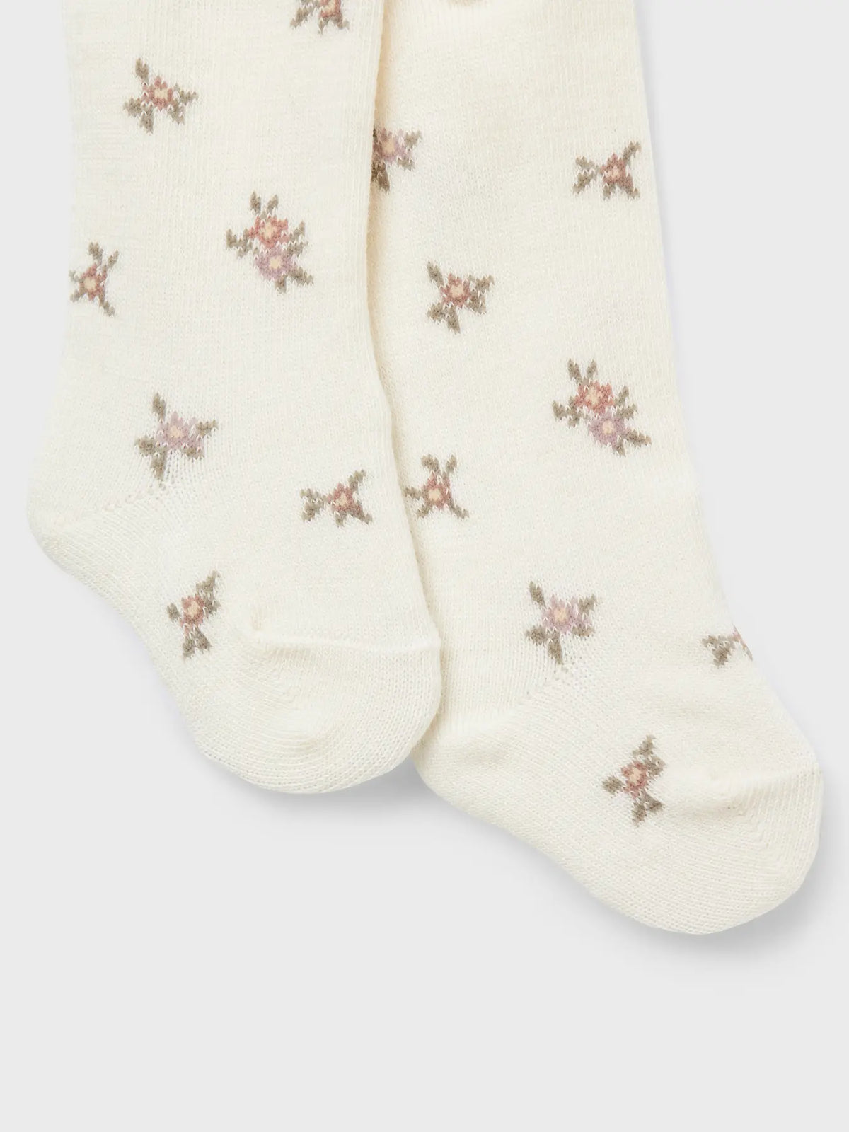 Diese hübsche Babystrumpfhose mit floralen Details von Name it ist in Winterthur bei Bärechind erhältlich. Hier sieht man die Strumpfhose seitlich ausgerollt.
