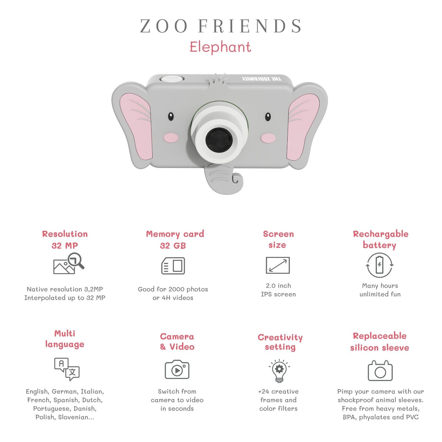 The Zoofamily Kinderkamera Zoo friends Elefant bei Bärechind, Kinderkamera mit niedlichem Elefanten-Design.