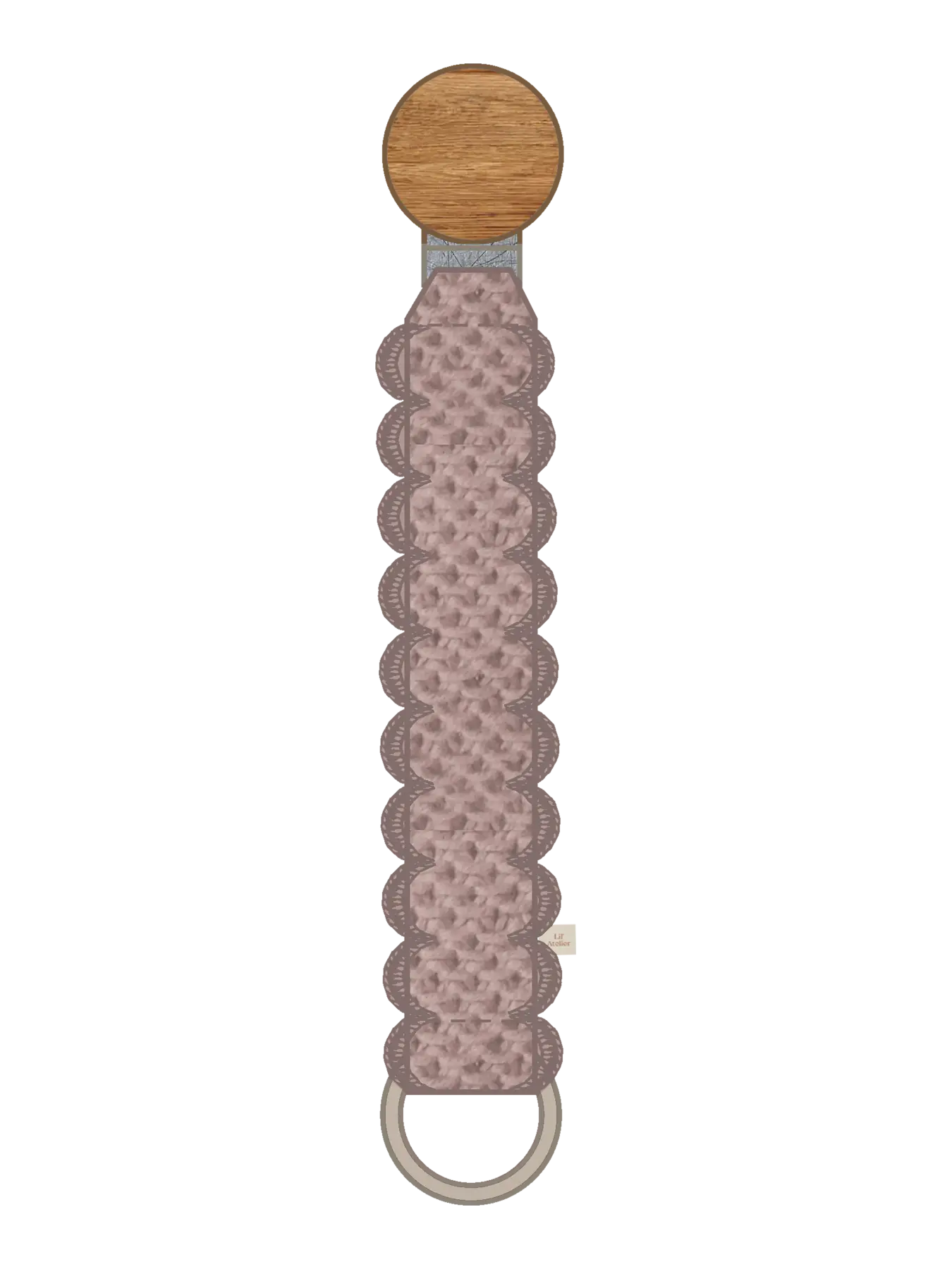 ehäkelte Schnullerkette in beige mit Holzclip, erhältlich bei Bärechind in Winterthur, Zürich, Schweiz