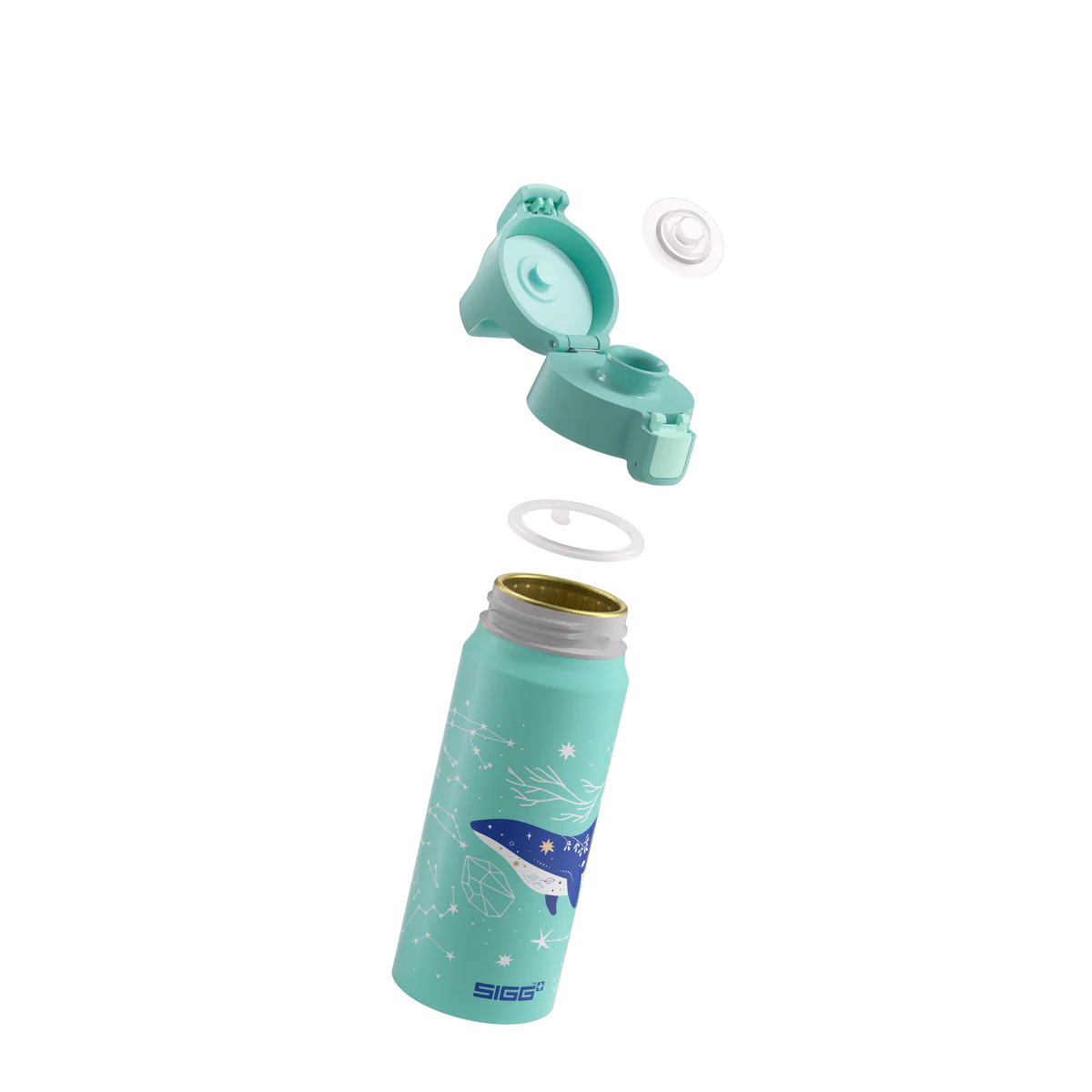 Detailansicht der Sigg Aluminium Trinkflasche mit Wal Motiv und geöffnetem Verschluss im Bärechind Winterthur Zürich Schweiz