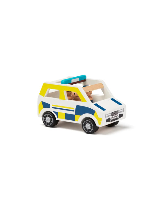 Polizeiauto aus Holz mit Figuren