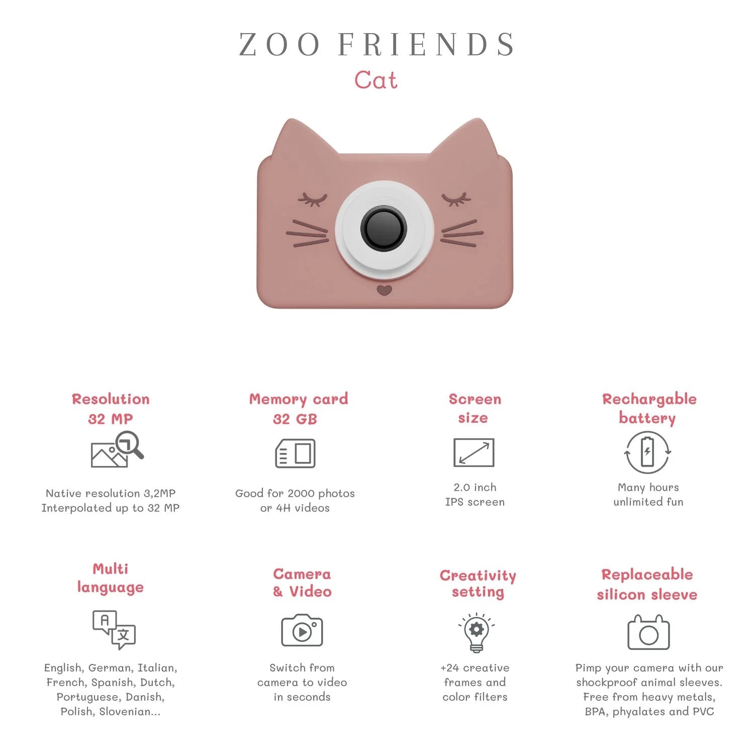 The Zoofamily Kinderkamera Zoo Friends Katze, Zubehör und Verpackung, Bärechind