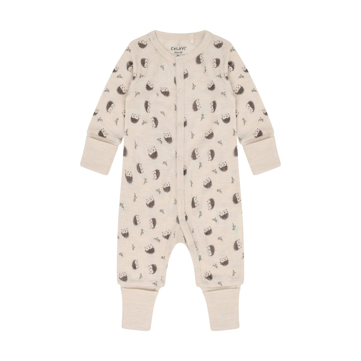 CeLaVi Merino Strampler Baby mit Igelprint in Walnut, Vorderansicht
