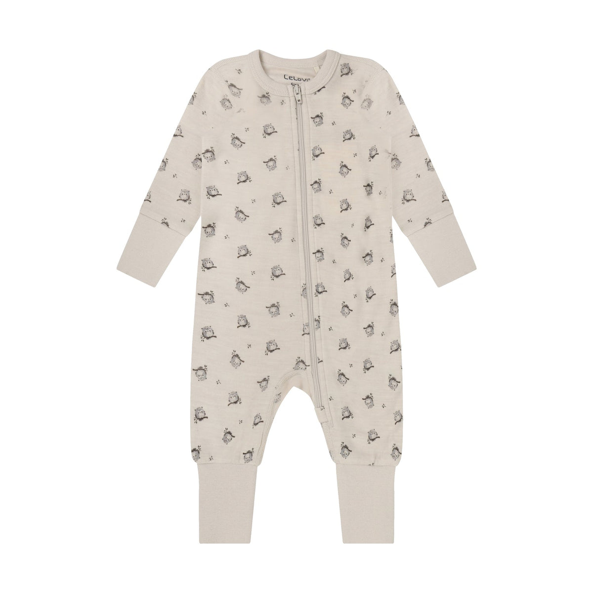 CeLaVi Strampler Baby mit Eulenprint in Mocha Meringue, Vorderansicht