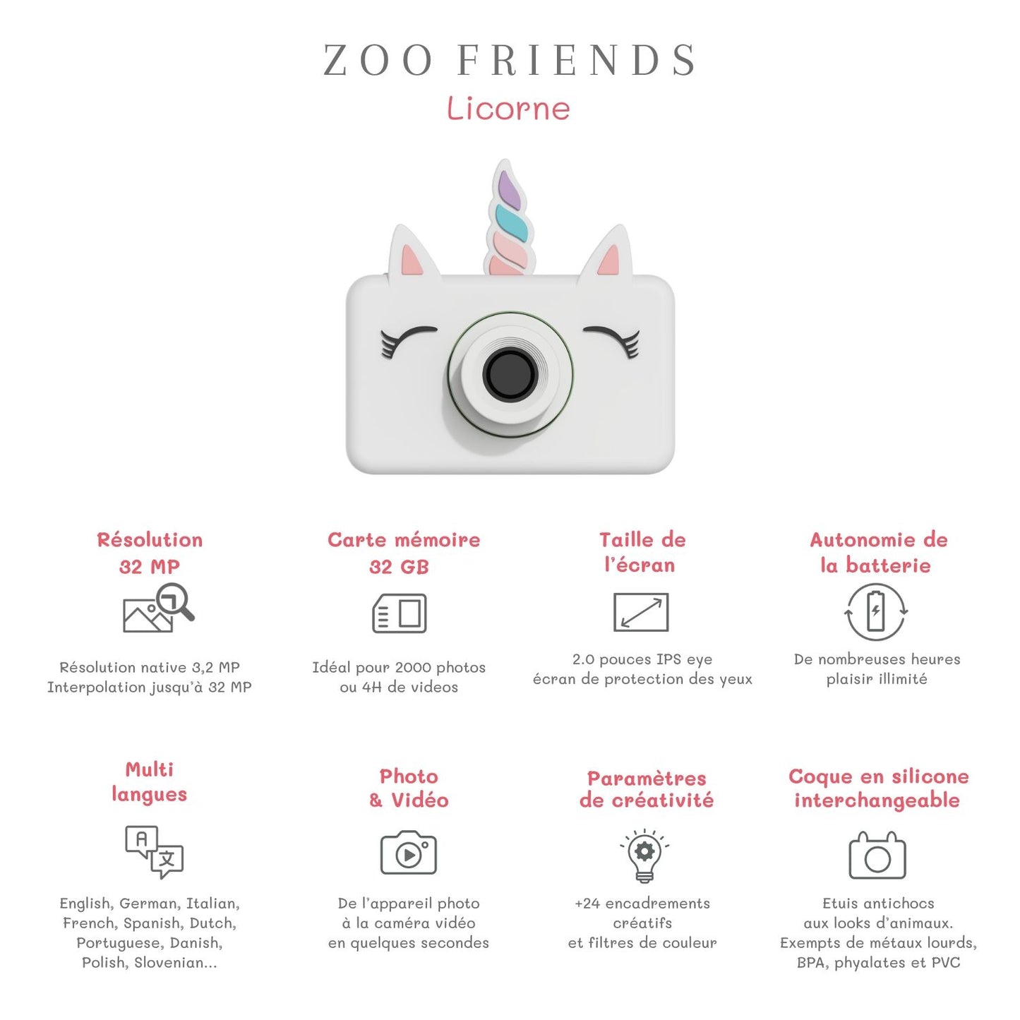 The Zoofamily Kinderkamera Zoo friends Einhorn bei Bärechind, Kinderkamera mit süssem Einhorn-Design.