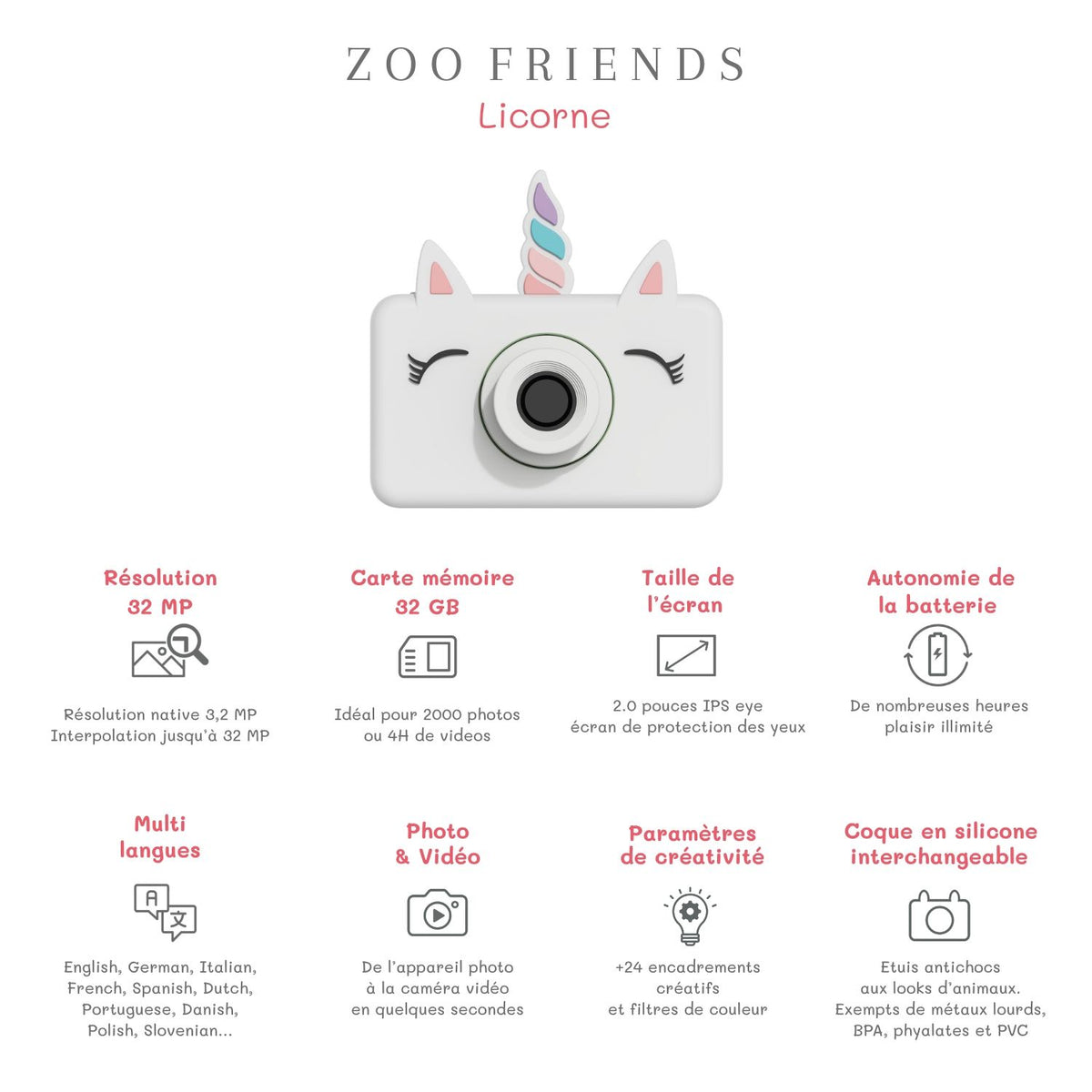 The Zoofamily Kinderkamera Zoo friends Einhorn bei Bärechind, Kinderkamera mit süssem Einhorn-Design.