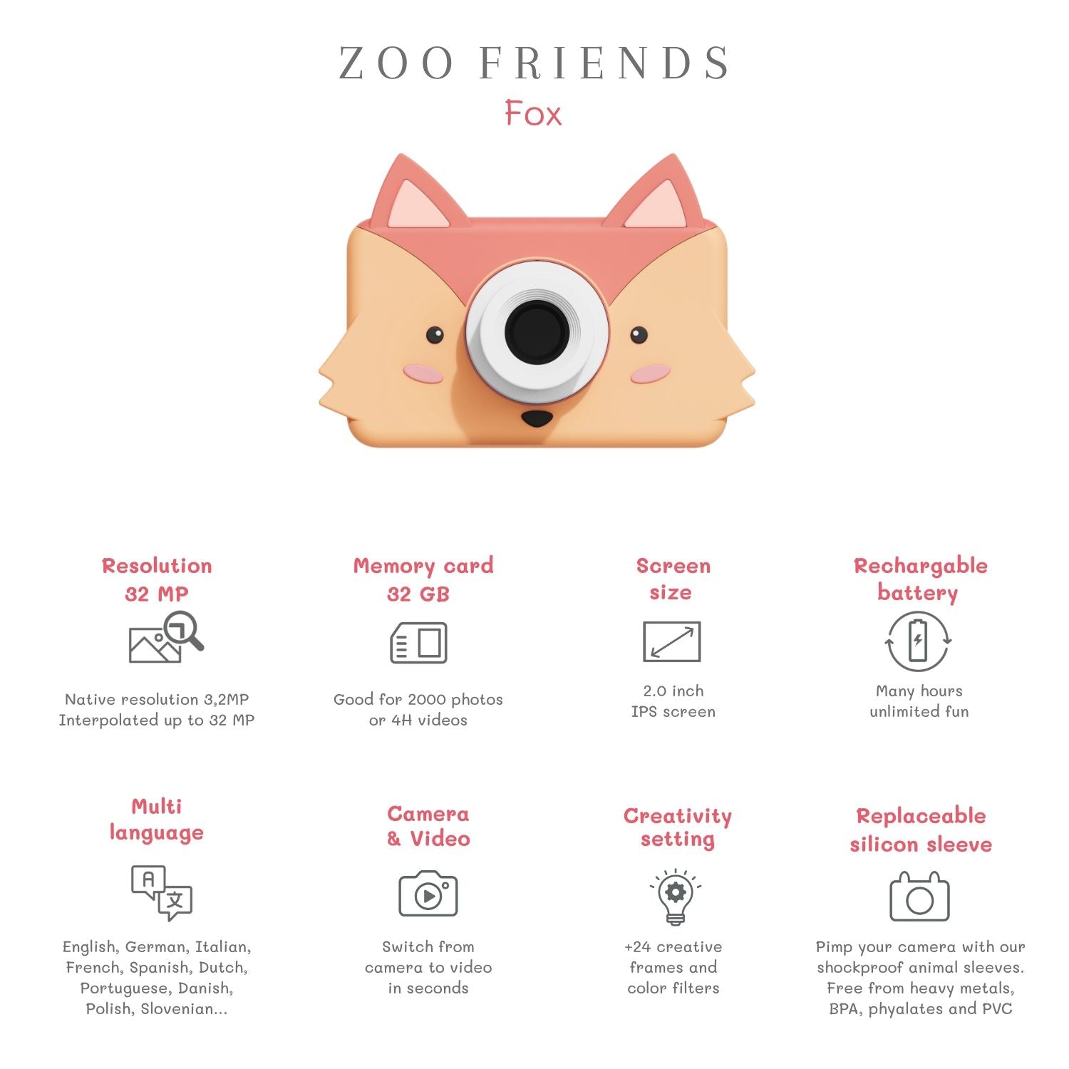 The Zoofamily Kinderkamera Zoo friends Fuchs bei Bärechind, Kinderkamera mit frechem Fuchs-Design.
