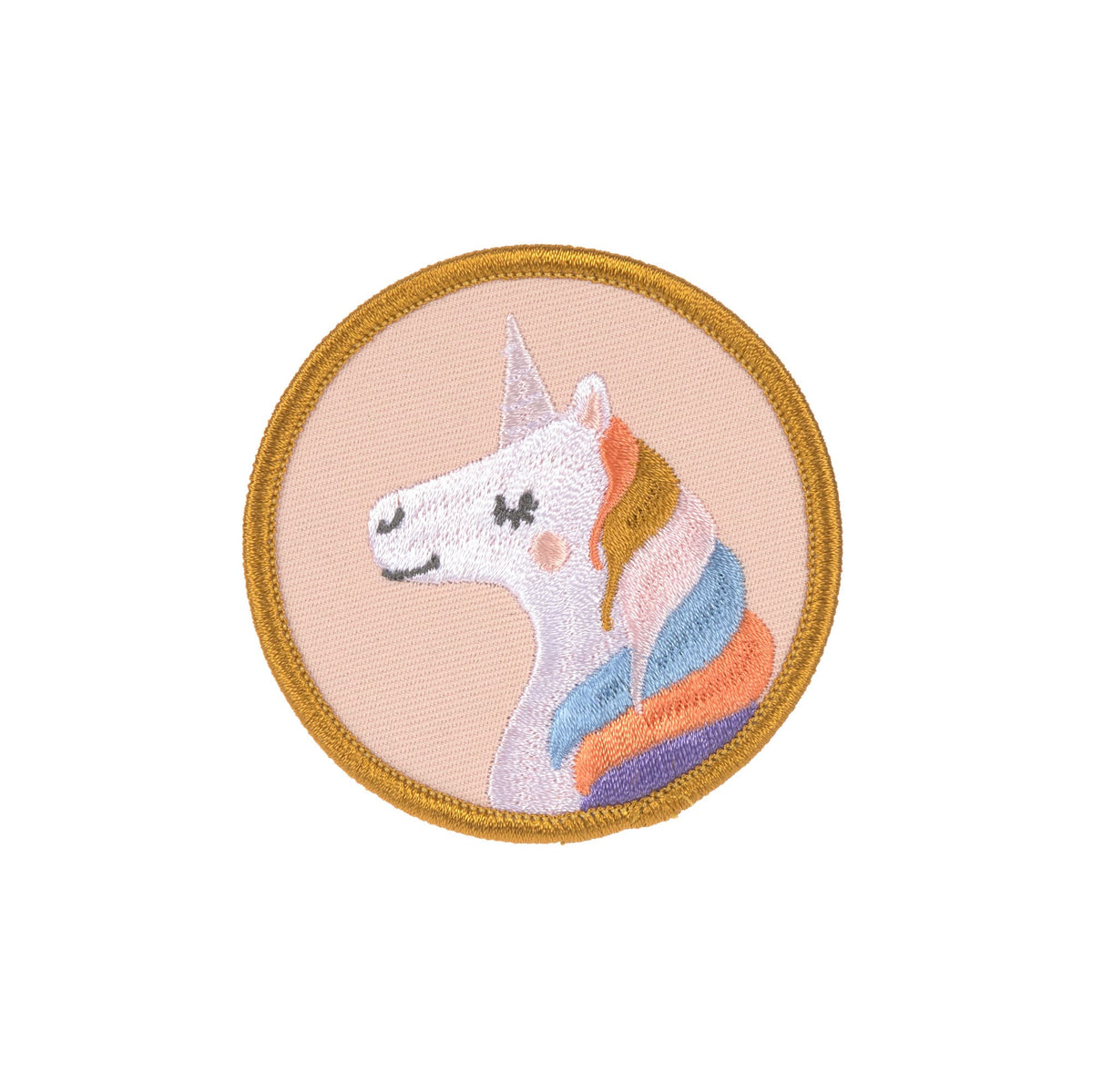 Runde Patch mit Einhorn-Motiv auf pfirsichfarbenem Hintergrund, umrahmt von einer goldfarbenen Stickerei.