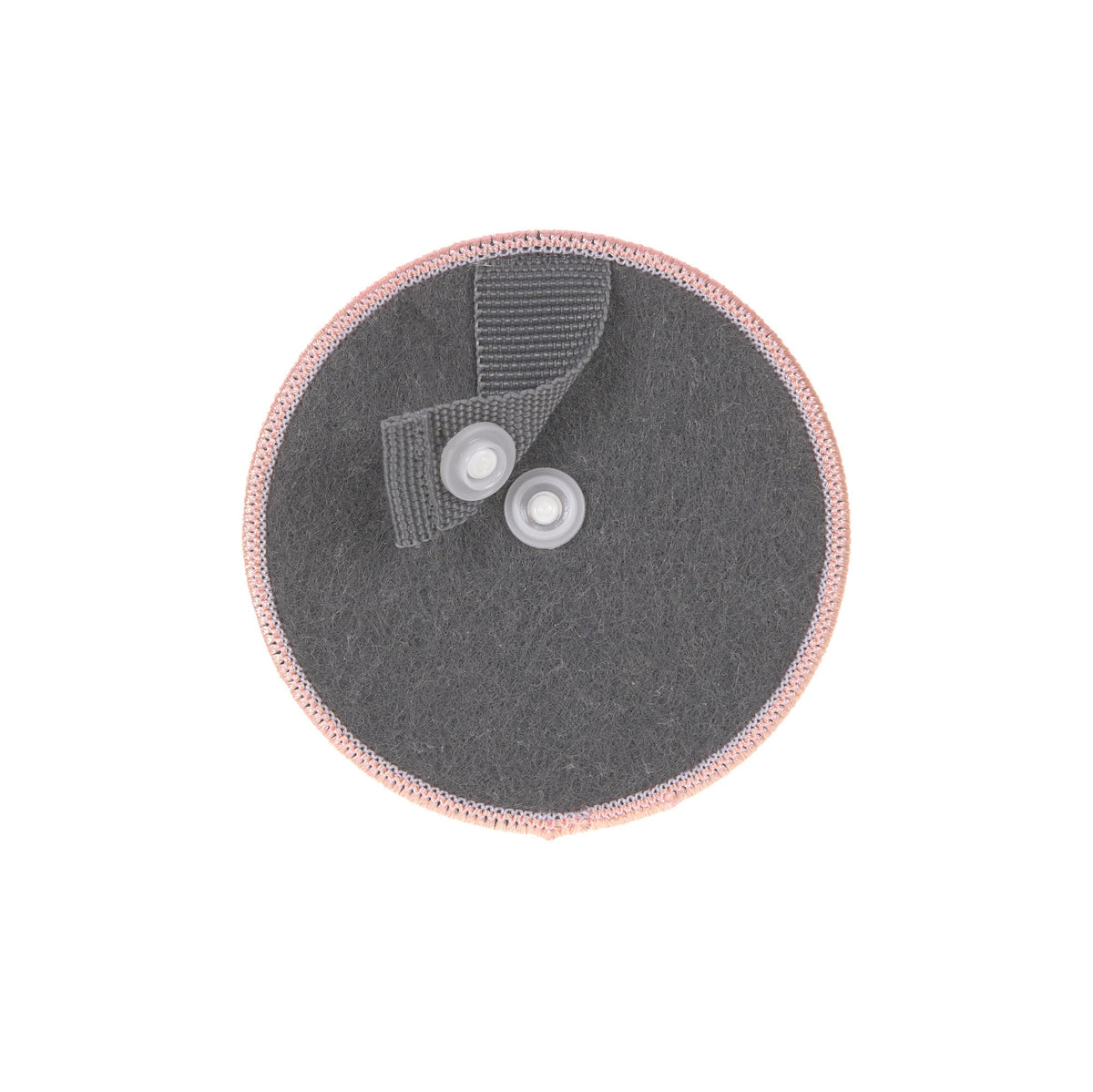 Rueckseite der runden Laessig Pferd-Patch mit grauem Stoff und Druckknoepfen zur Befestigung.