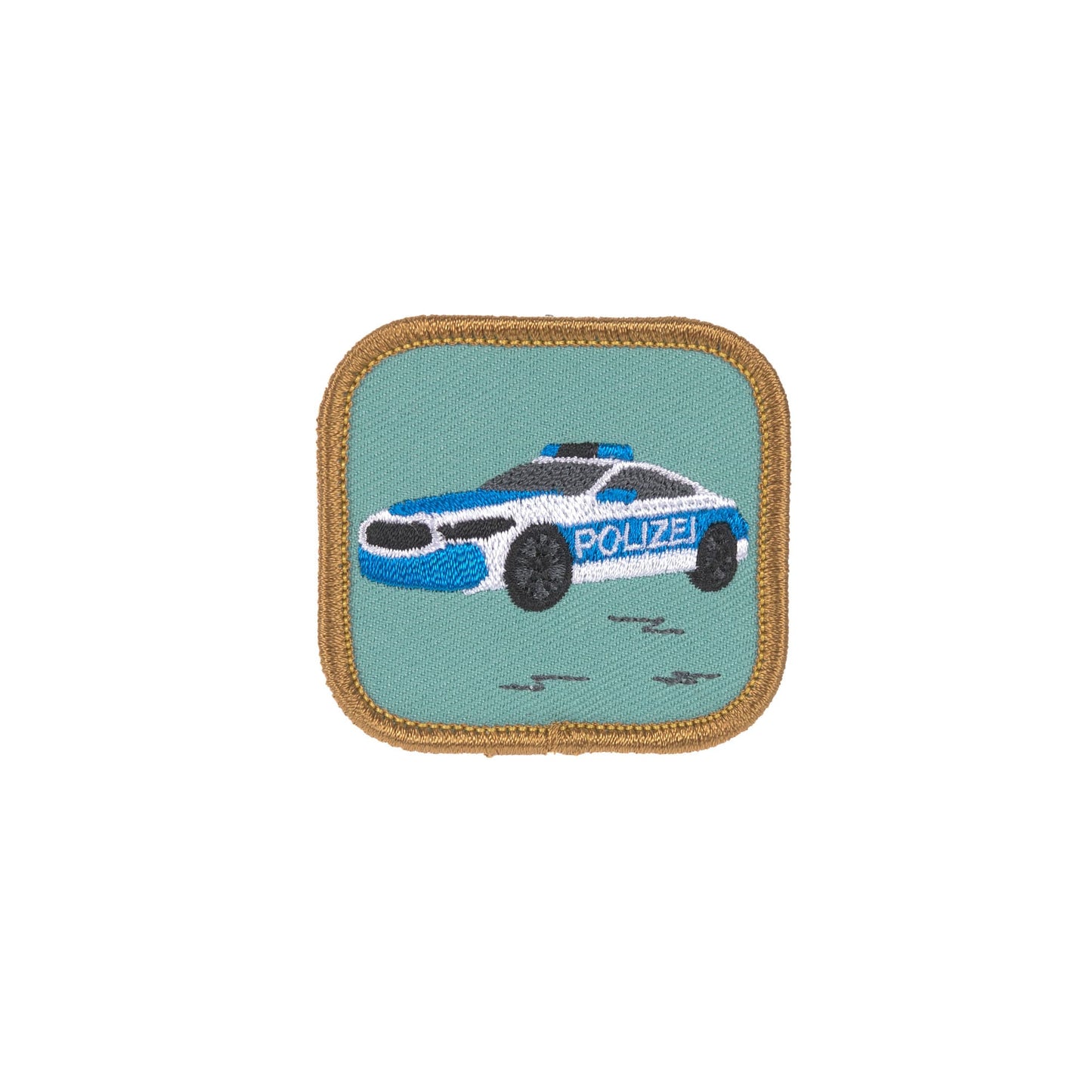 Quadratische Polizei-Patch mit Polizeiauto-Motiv aus dem Laessig Polizei Set.