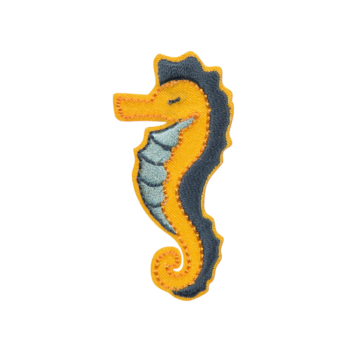Selbstklebender Textilsticker von Lässig in Form eines Seepferdchens mit orangefarbenem Rand.