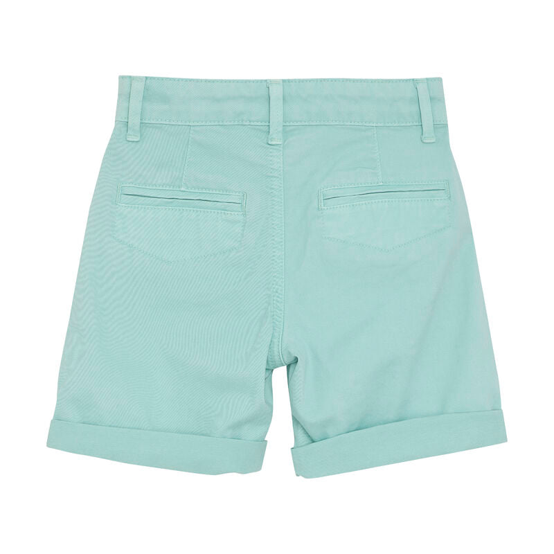 Rückansicht der Minymo Twill Shorts in Türkis mit Ziertaschen und Gürtelschlaufen.