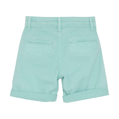 Rückansicht der Minymo Twill Shorts in Türkis mit Ziertaschen und Gürtelschlaufen.