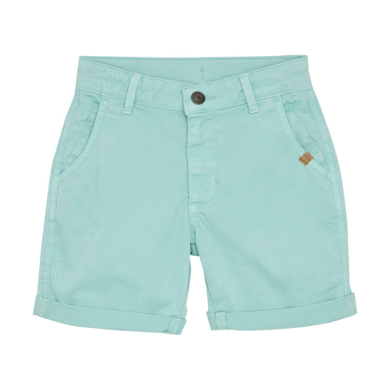 Vorderansicht der Minymo Twill Shorts in Türkis mit verstellbarem Bund und praktischen Taschen.