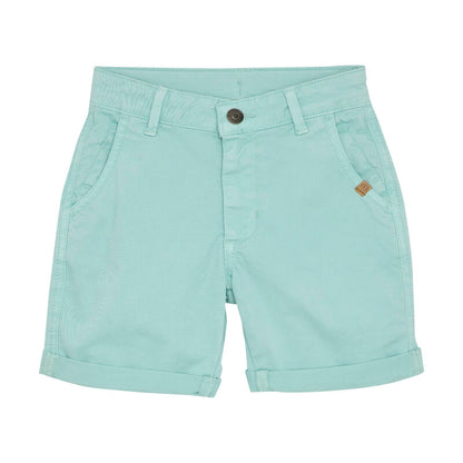 Vorderansicht der Minymo Twill Shorts in Türkis mit verstellbarem Bund und praktischen Taschen.