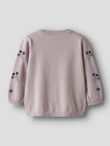 Rückseite einer altrosa Kinder Strickjacke aus Bio-Baumwolle mit Stickerei, Bärechind Winterthur Zürich Schweiz