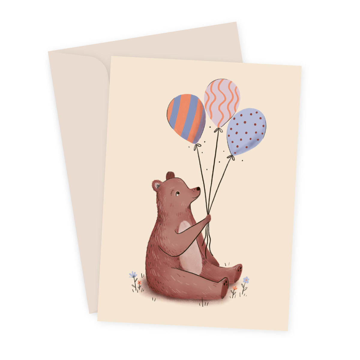 Faltkarte mit Bär und bunten Ballonen, Illustration von Sarah von Rickenbach, inkl. Recycling-Couver