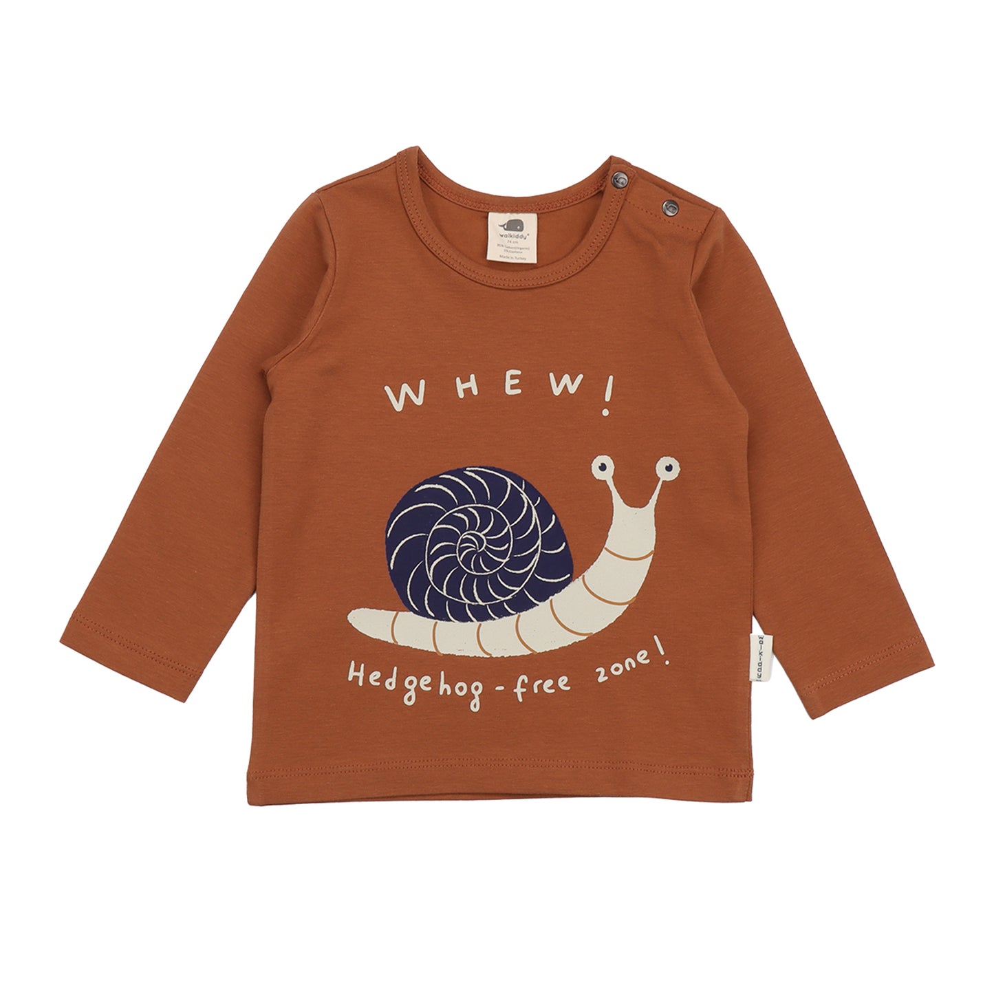 Langarmshirt aus Bio-Baumwolle mit Schneckenprint und Spruch – erhältlich bei Bärechind in Winterthur, Zürich, Schweiz.

