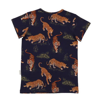 Kurzarm T-Shirt mit Tiger und Leoparden, blau