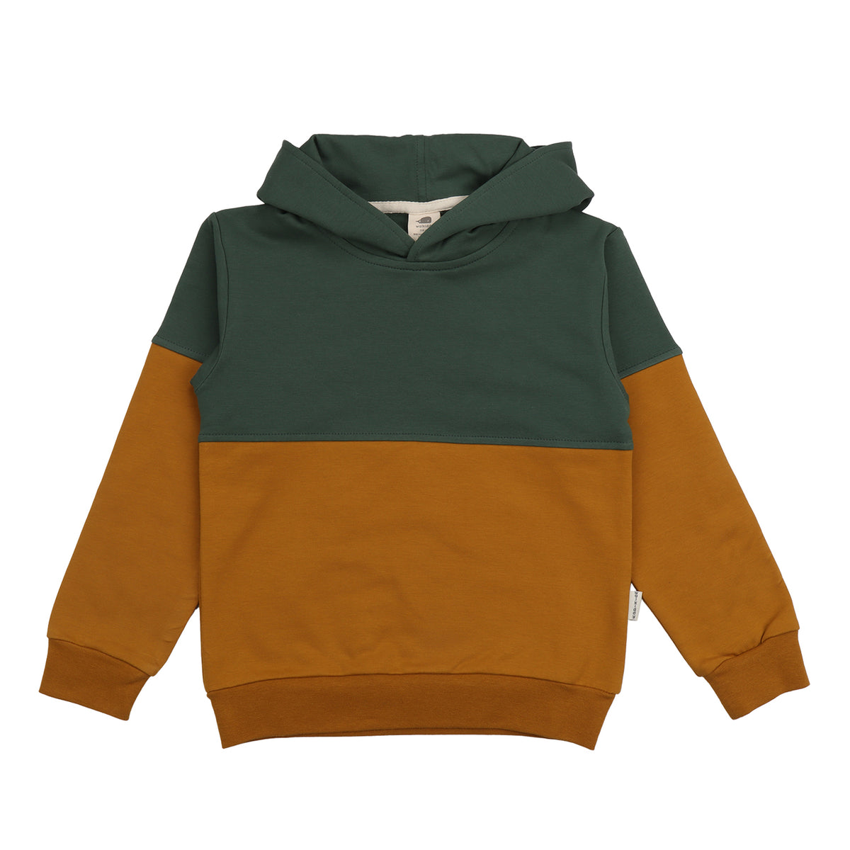 Kinder Hoodie aus Bio-Baumwolle in Grün und Senfgelb – erhältlich bei Bärechind in Winterthur, Zürich, Schweiz.