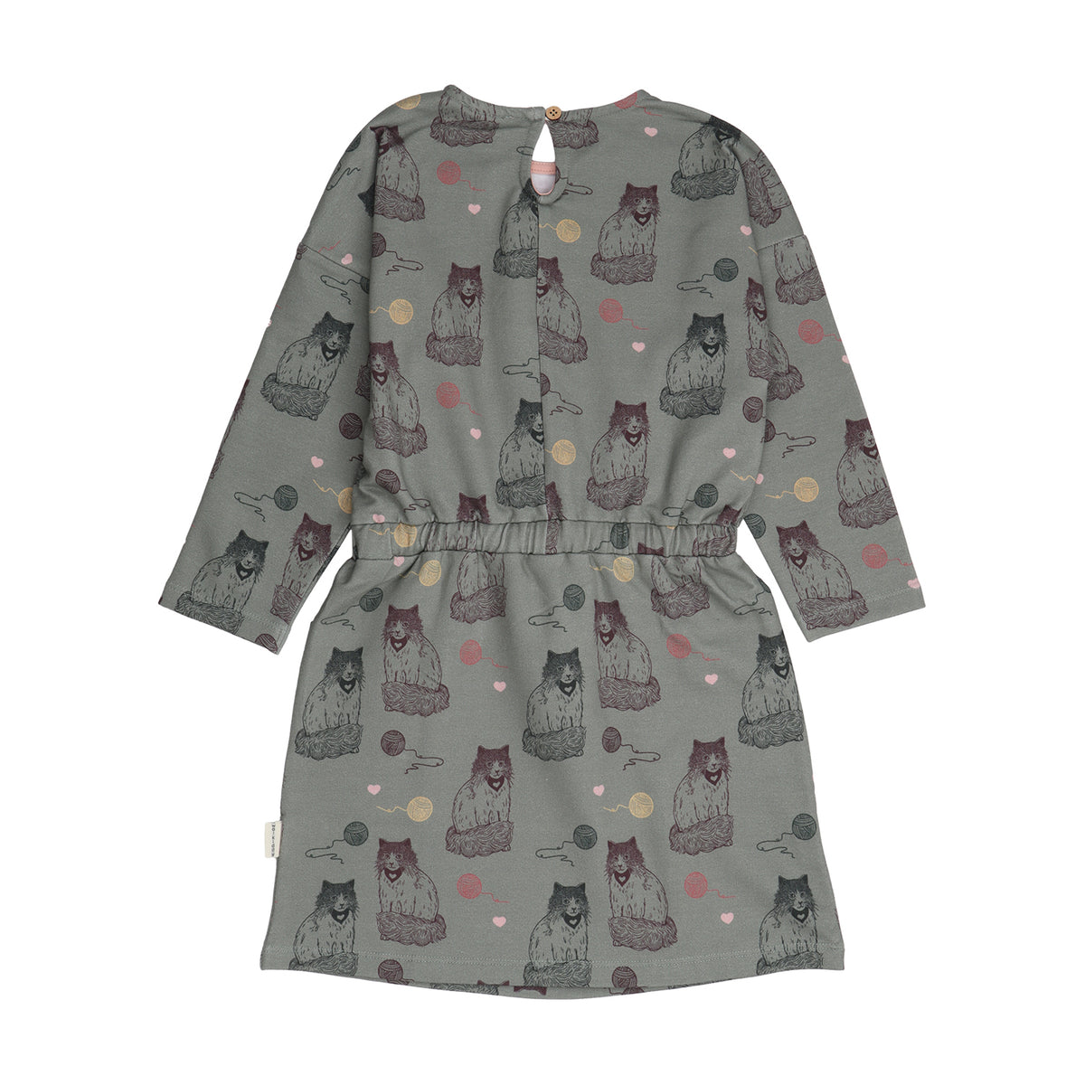 Rückseite des Walkiddy Kleids mit Katzenmotiv in Grau – zu kaufen bei Bärechind in Winterthur, Zürich, Schweiz.