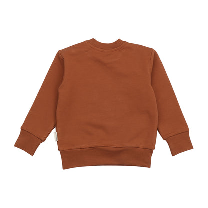 Rückseite vom braunen Sweatshirt mit Eichhörnchen-Print von WALKIDDY – erhältlich bei Bärechind in Winterthur, Zürich, Schweiz.

