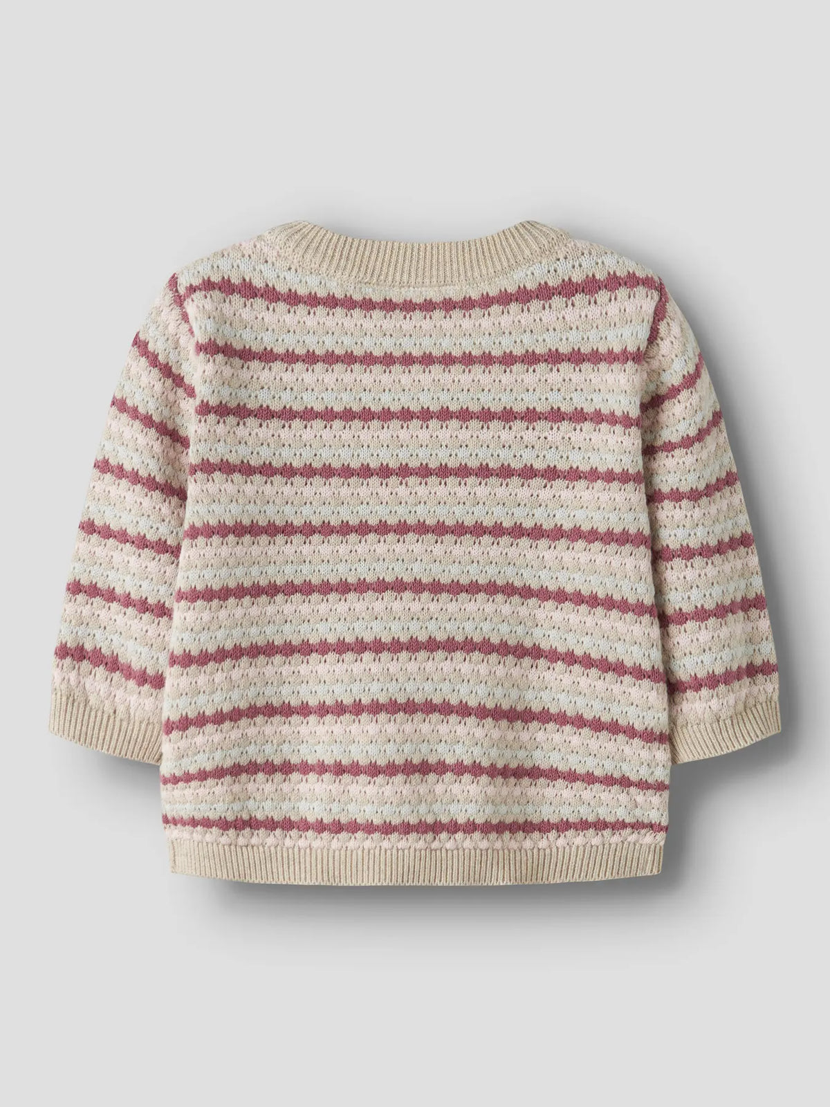 Gestreifte Baby Strickjacke in rosa aus Baumwolle mit Knöpfen, erhältlich bei Bärechind Winterthur Zürich Schweiz.
