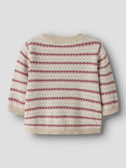 Gestreifte Baby Strickjacke in rosa aus Baumwolle mit Knöpfen, erhältlich bei Bärechind Winterthur Zürich Schweiz.