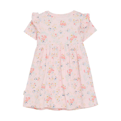 Rückansicht des Baby Kleids mit Blumenmuster, luftiger Schnitt für maximalen Komfort