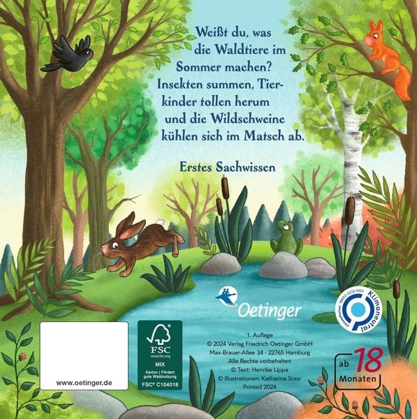 „Rückseite vom Kinderbuch Es wird Sommer hier im Wald mit Beschreibung und Waldillustration“