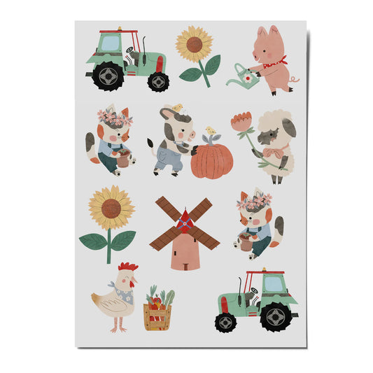 Bauernhof Kindertattoos von nuukk mit Traktor, Tieren und Blumen – nachhaltige Kindertattoos bei Bärechind Winterthur Zürich Schweiz.