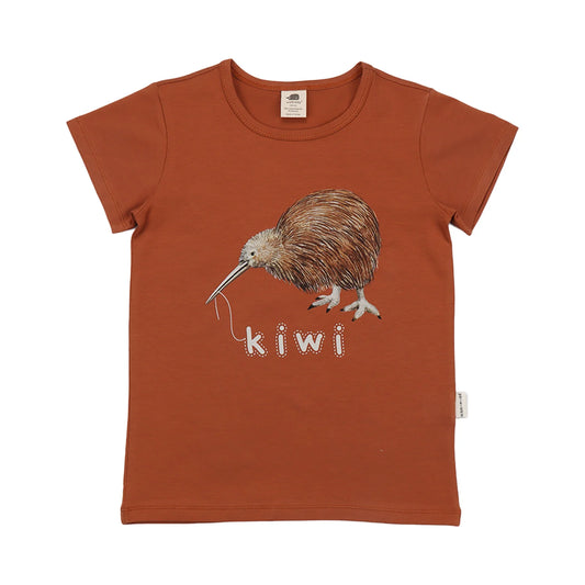 Rostbraunes Kinder T-Shirt aus Bio Baumwolle mit Kiwi Print, Bärechind Winterthur Zürich Schweiz kaufen.