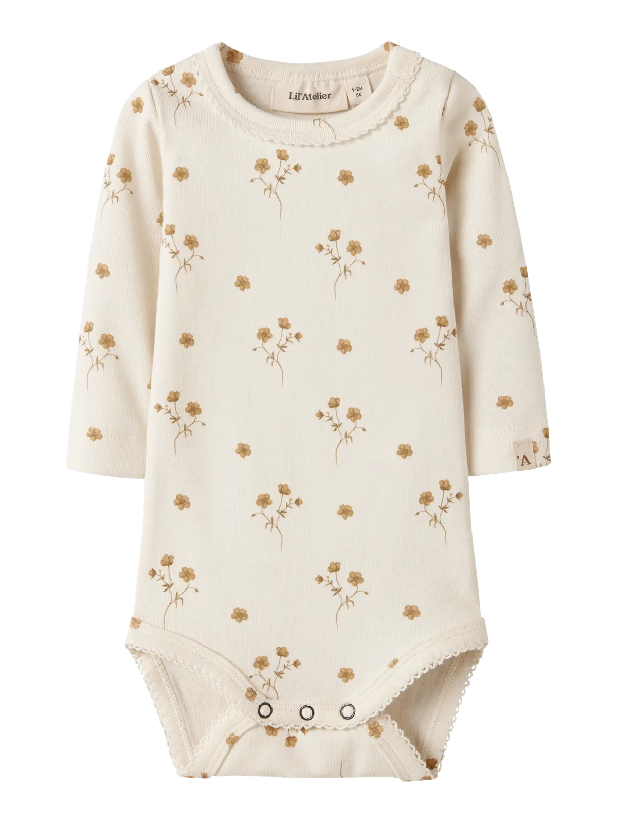 Langarm Baby Body aus Bio-Baumwolle mit Blumenprint von Lil’ Atelier, erhältlich bei Bärechind in Winterthur, Zürich, Schweiz.