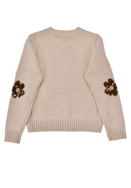 Rückseite des beigen Bondi Strickpullovers mit Pferdedetails an den Ärmeln bei Bärechind Winterthur Zürich Schweiz