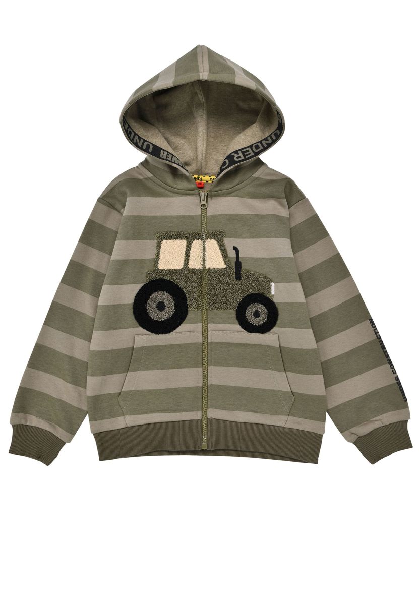 Grüne gestreifte Bondi Sweatjacke mit Traktor Stickerei und Kapuze bei Bärechind Winterthur Zürich Schweiz