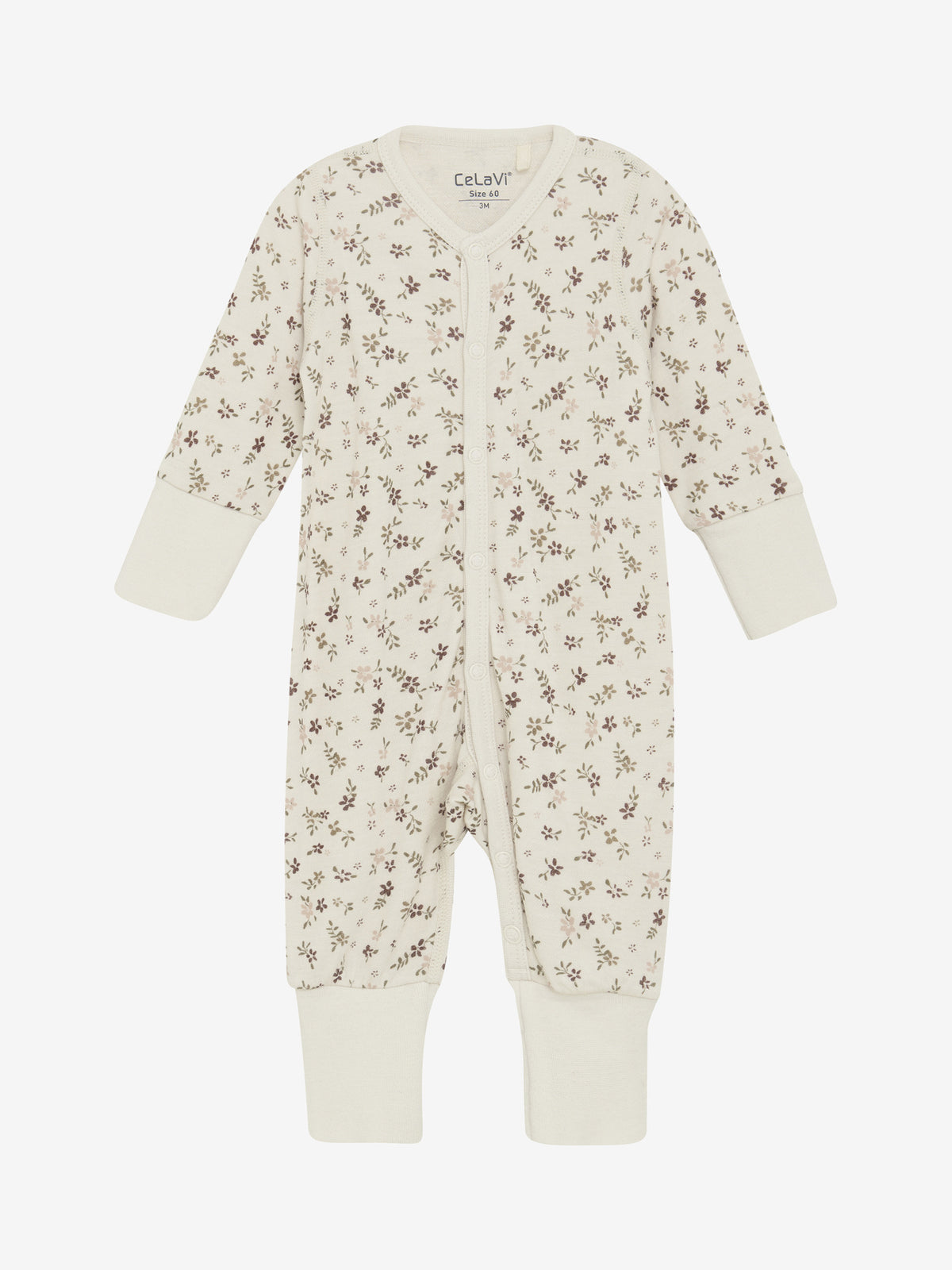CeLaVi Jumpsuit mit braunem Blumenmuster – Vorderseite. Erhältlich im Bärechind in Winterthur, Zürich, Schweiz.
