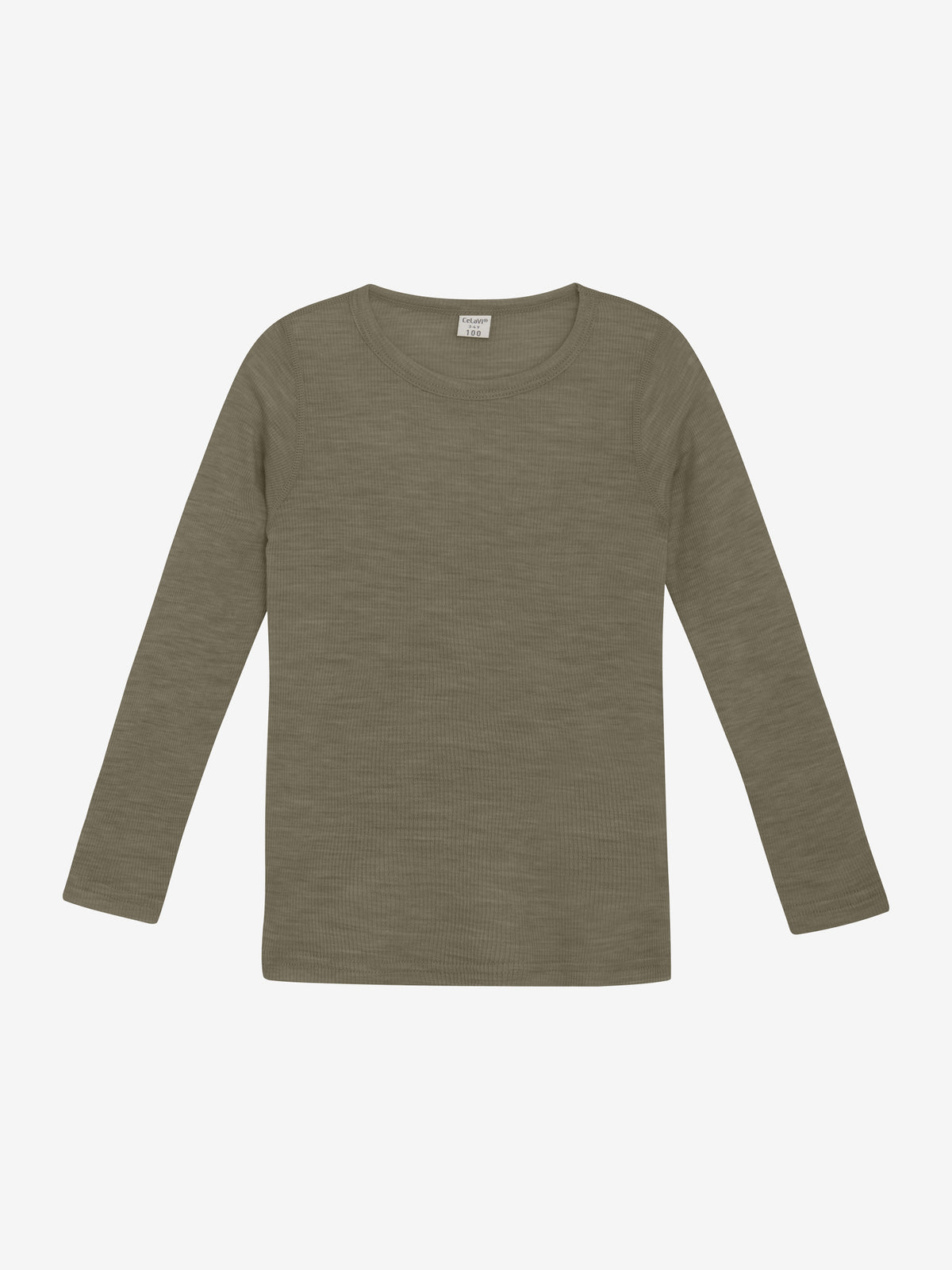 CeLaVi Langarmshirt aus Wolle in Dusky Green – Vorderansicht, erhältlich im Bärechind in Winterthur, Zürich, Schweiz.