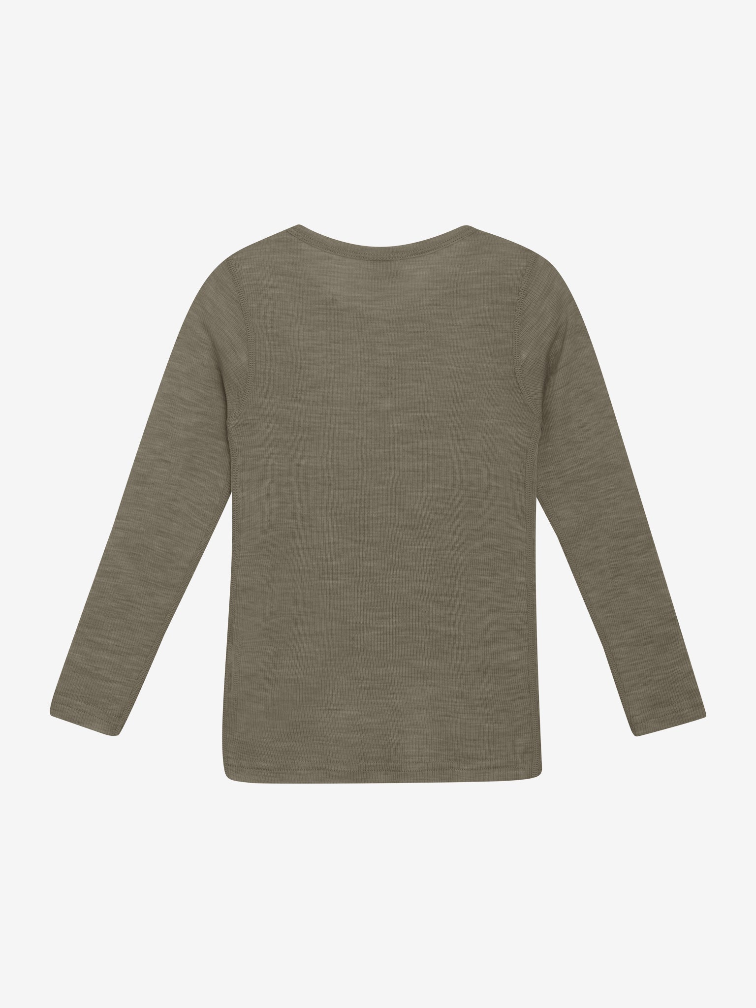 Rückansicht des CeLaVi Langarmshirts aus Wolle – Farbe Dusky Green, im Bärechind in Winterthur, Zürich, Schweiz.