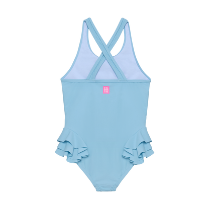Color Kids Badeanzug Rückseite blau mit Rüschen Kinder Badebekleidung Schweiz